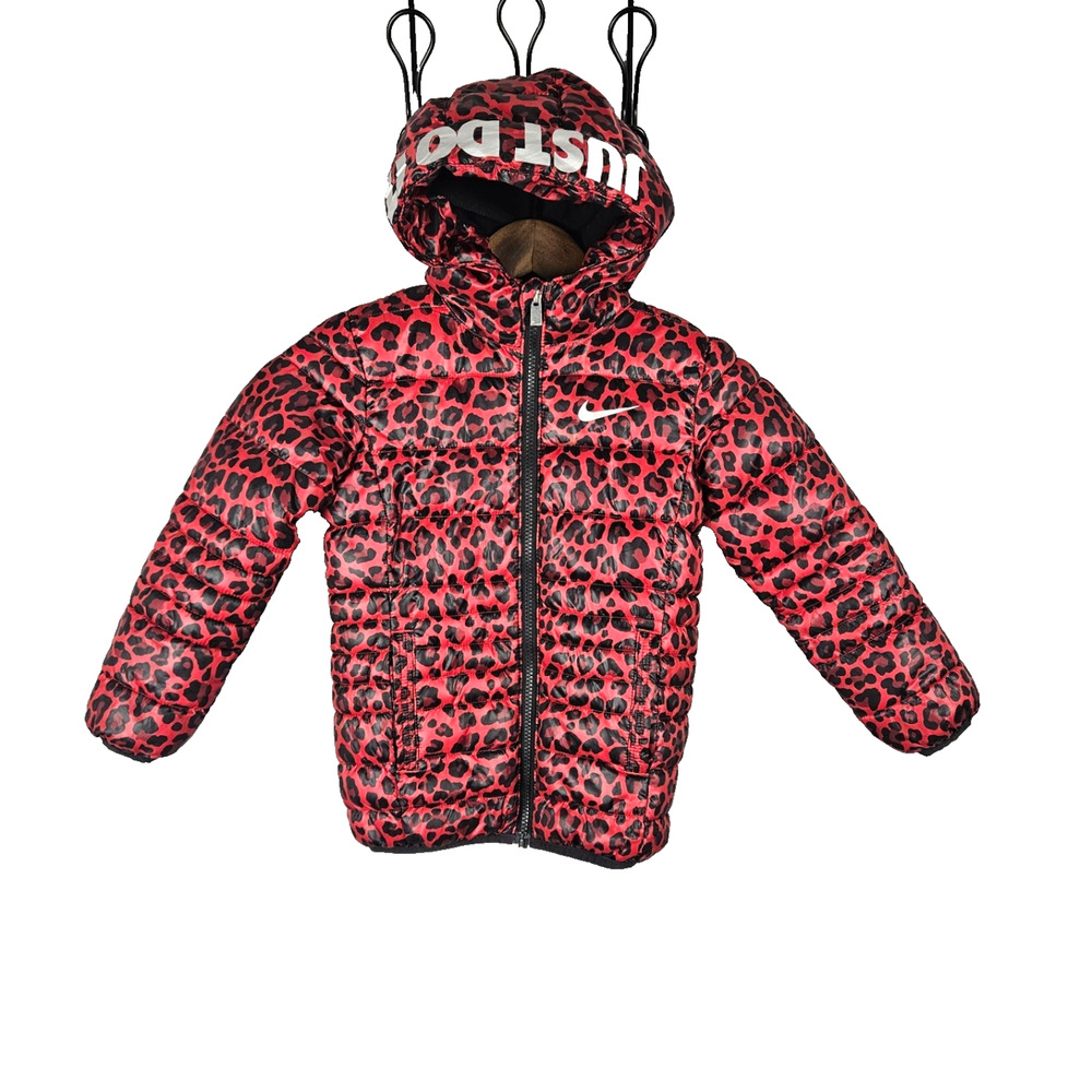 Nike Girls Leopard Print Lined Puffer Jacket Size 4 XS Just Do It Spellout Warm